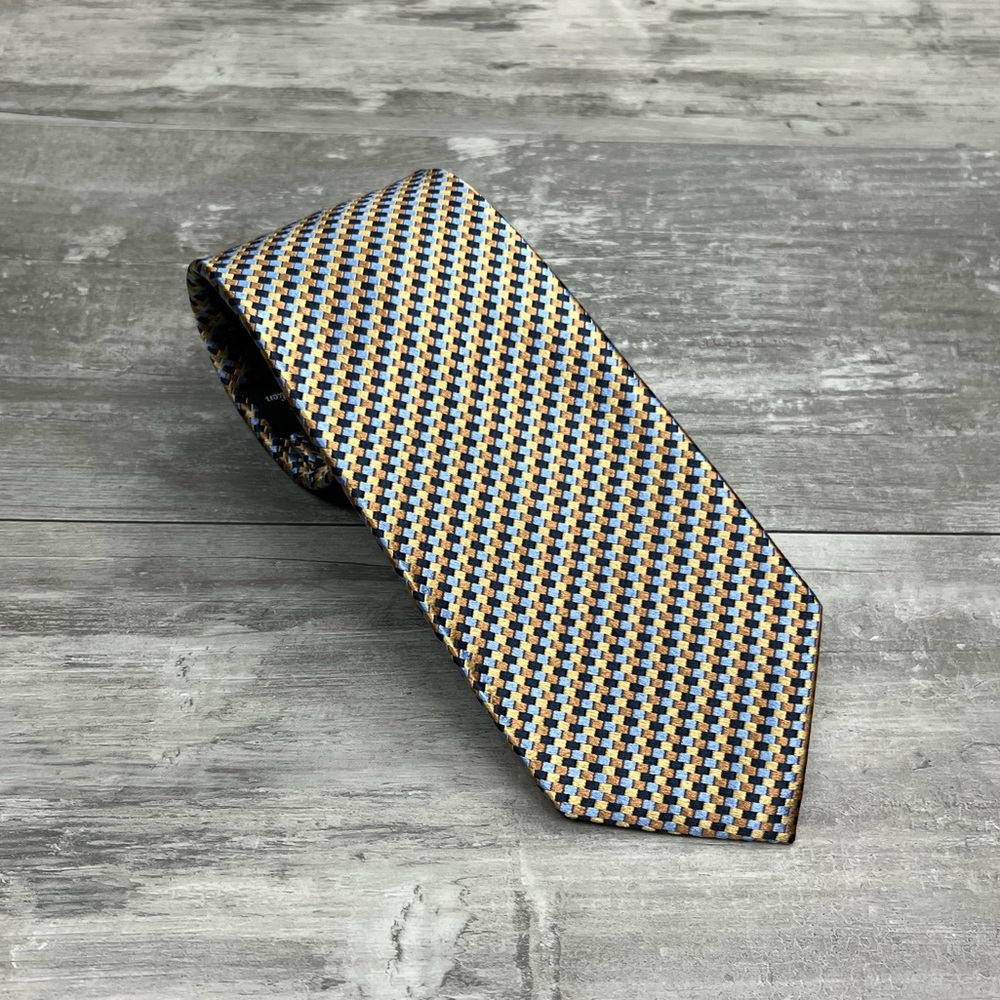 Corsini Seven Fold Tan, Blue, Navy & Gold Check Tie